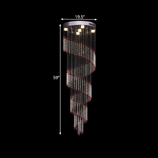 Modern Spiral Cascades Hanging Lamp - 5 Bulbs Silver Clear And Red Crystal Led Multi Light Pendant