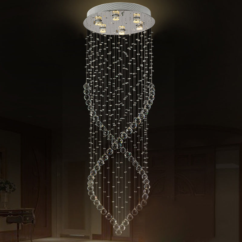 Modern Silver Crystal Swirl Chandelier - 6-Light Led Suspension Lamp With Round Canopy