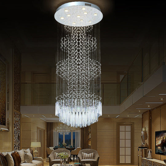 Silver Crystal Led Ceiling Lamp With 10 Modern Orbs And Rods