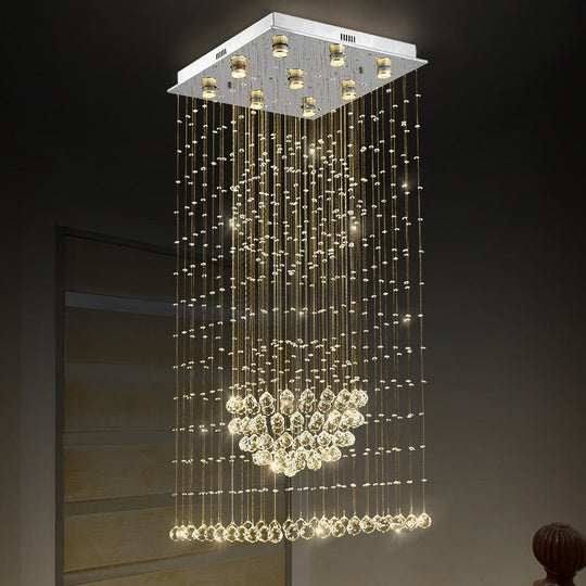 Modern Crystal LED Waterfall Pendant Light - 9-Bulb Silver Ceiling Lamp with Square Canopy