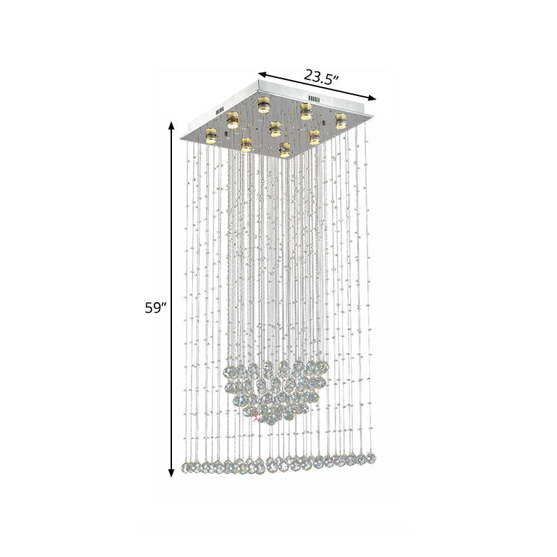 Modern Crystal LED Waterfall Pendant Light - 9-Bulb Silver Ceiling Lamp with Square Canopy