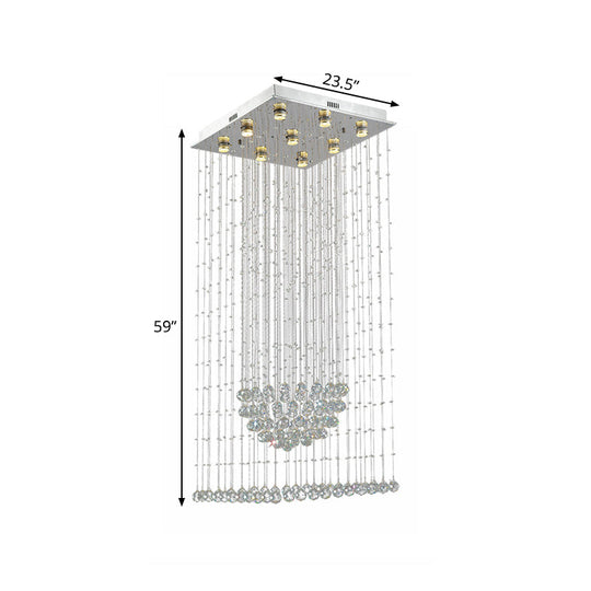 Crystal Led Waterfall Pendant Light With 9 Bulbs In Modern Silver Design