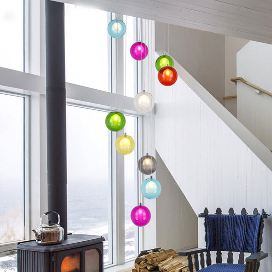 Modern LED Pendant Ceiling Light - 10-Light Globe Cluster with White/Pink Glass, Perfect for Stairs