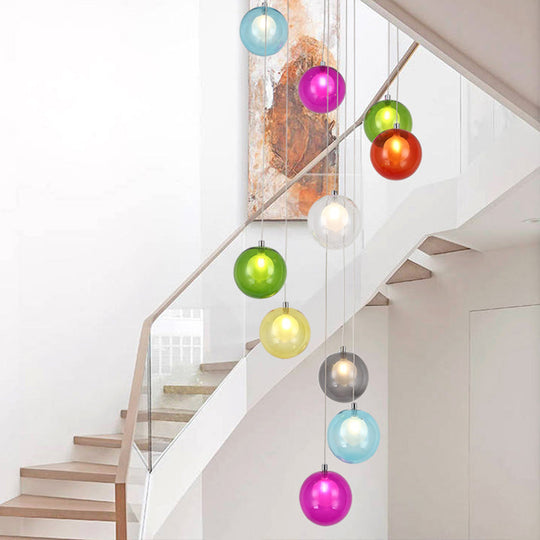 Cluster Pendant Light: Modern White/Pink Glass Led Ceiling Fixture - 10 Light Globe For Stairs
