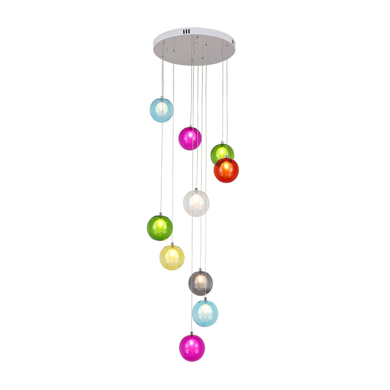 Cluster Pendant Light: Modern White/Pink Glass Led Ceiling Fixture - 10 Light Globe For Stairs