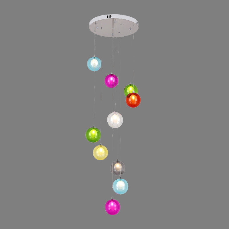 Modern LED Pendant Ceiling Light - 10-Light Globe Cluster with White/Pink Glass, Perfect for Stairs