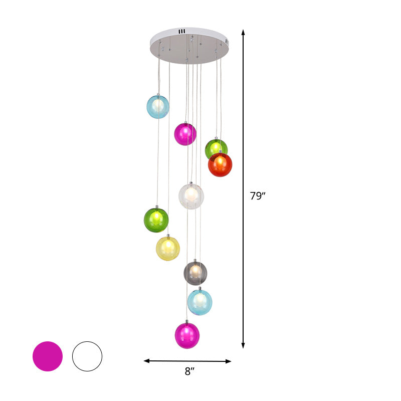 Cluster Pendant Light: Modern White/Pink Glass Led Ceiling Fixture - 10 Light Globe For Stairs