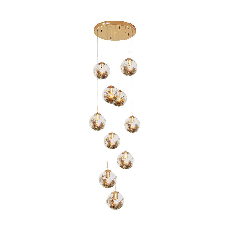 Contemporary Gold Ball Chandelier with Amber Dimpled Glass Pendant - 10 Bulbs, Multi-Light for Living Room
