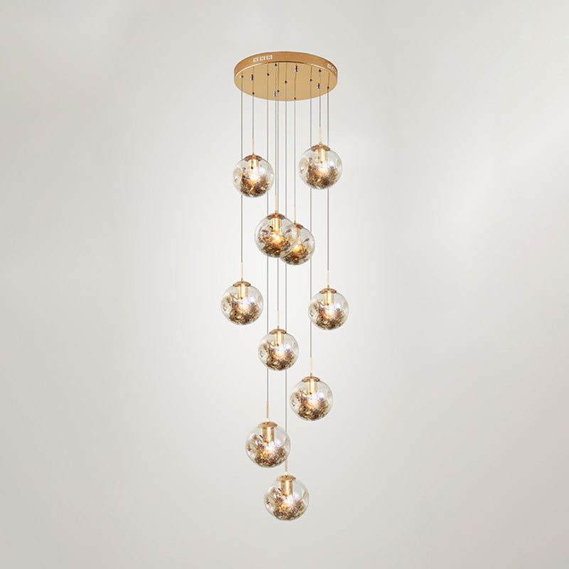 Contemporary Gold Ball Chandelier With Amber Dimpled Glass Pendant Bulbs - 10-Bulb Multi-Light For