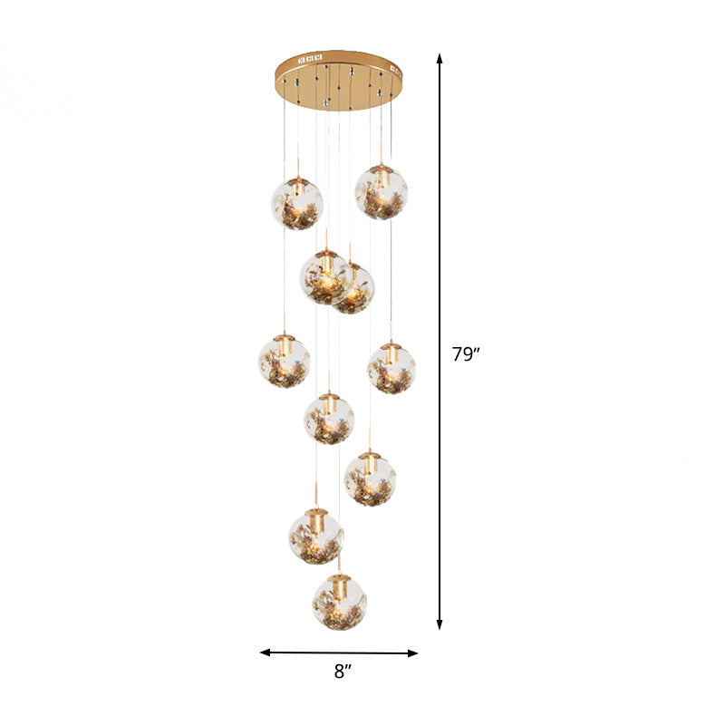 Contemporary Gold Ball Chandelier with Amber Dimpled Glass Pendant - 10 Bulbs, Multi-Light for Living Room