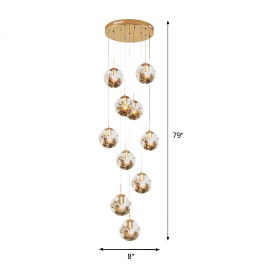 Contemporary Gold Ball Chandelier with Amber Dimpled Glass Pendant - 10 Bulbs, Multi-Light for Living Room