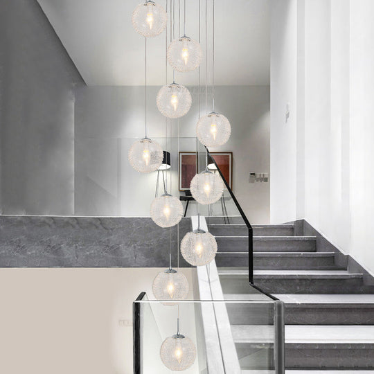 Modern Global Clear Glass Led Pendant Light With 10 Heads For Stairs In White