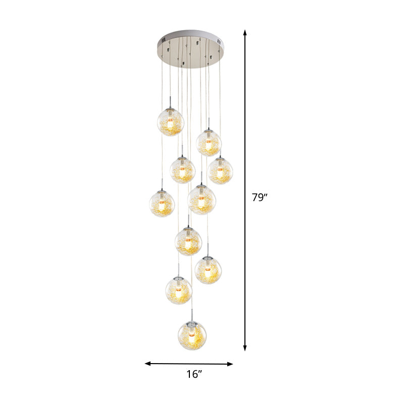 Modern 10-Head Silver Pendant Lamp with Clear Glass Sphere Shades - Ideal for Stairs and Suspension