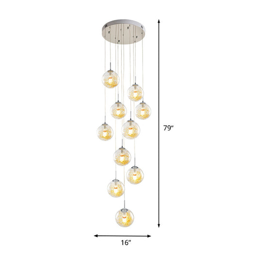 Modern 10-Head Silver Pendant Lamp with Clear Glass Sphere Shades - Ideal for Stairs and Suspension