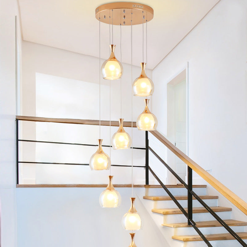 Modern Gold 8-Bulb Ceiling Light Pendant With Clear Glass Dome And Round Canopy