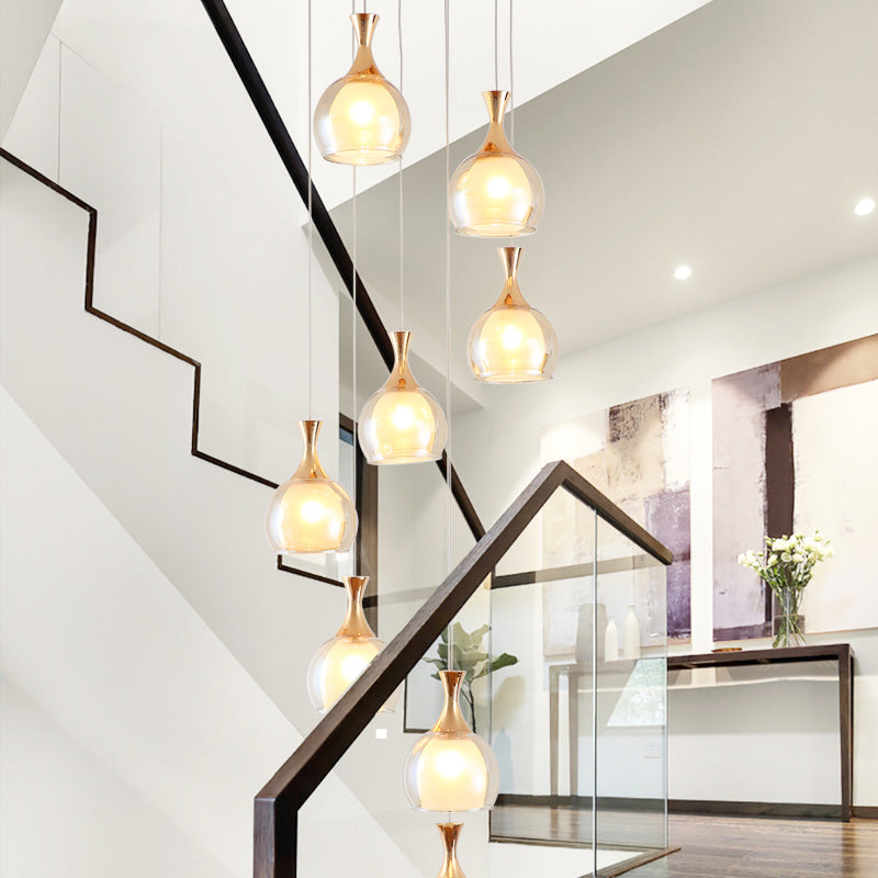 Modern Gold 8-Bulb Ceiling Light Pendant With Clear Glass Dome And Round Canopy