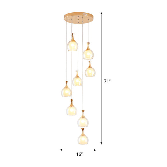 Modern Gold 8-Bulb Ceiling Light Pendant With Clear Glass Dome And Round Canopy