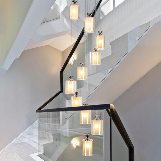 Modern Clear Glass 10-Light Silver Globe/Cylinder Cluster Pendant for Stair Ceiling