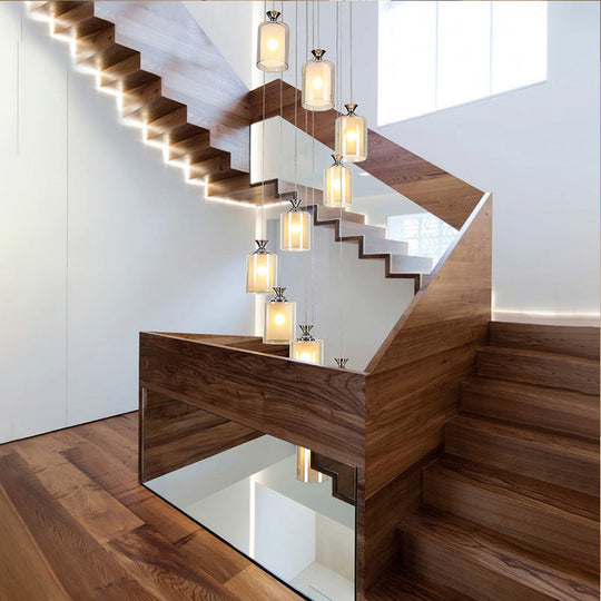 Modern Clear Glass 10-Light Silver Globe/Cylinder Cluster Pendant for Stair Ceiling