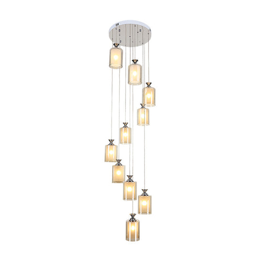 Modern 10-Light Clear Glass Pendant For Stair Ceiling - Silver Globe/Cylinder Cluster Fixture