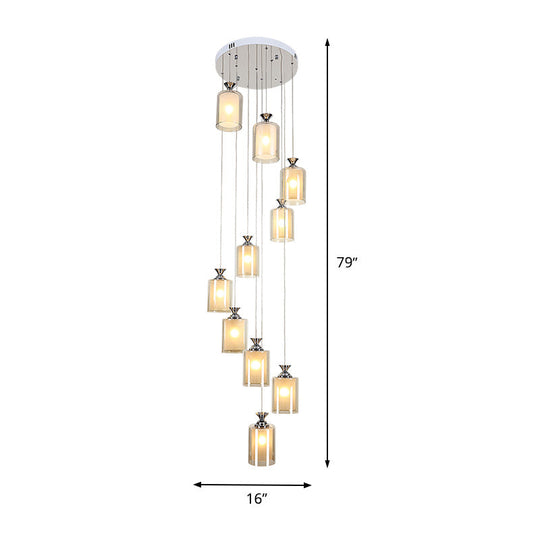 Modern 10-Light Clear Glass Pendant For Stair Ceiling - Silver Globe/Cylinder Cluster Fixture