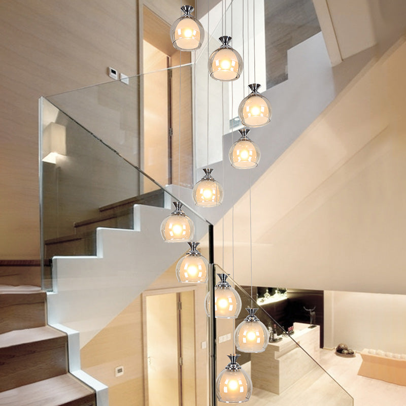 Modern 10-Light Clear Glass Pendant For Stair Ceiling - Silver Globe/Cylinder Cluster Fixture /