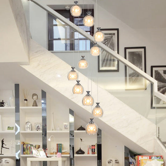 Modern Clear Glass 10-Light Silver Globe/Cylinder Cluster Pendant for Stair Ceiling