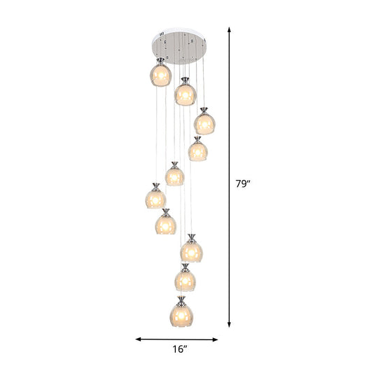 Modern Clear Glass 10-Light Silver Globe/Cylinder Cluster Pendant for Stair Ceiling