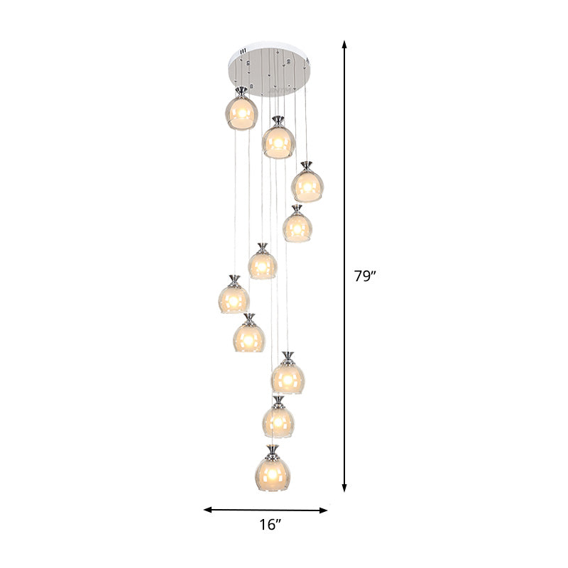 Modern 10-Light Clear Glass Pendant For Stair Ceiling - Silver Globe/Cylinder Cluster Fixture
