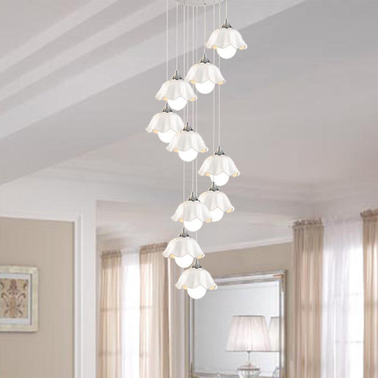 Contemporary White Glass Scalloped Pendant Lights - 10-Light Multi Lamp For Living Room