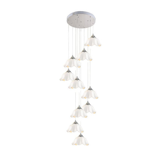 Modern 10-Light White Glass Scalloped Pendant Light for Living Room