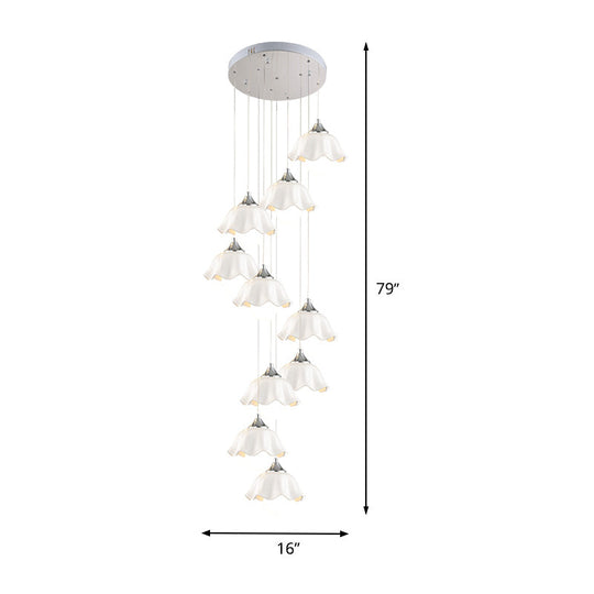Modern 10-Light White Glass Scalloped Pendant Light for Living Room