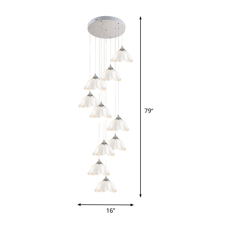 Contemporary White Glass Scalloped Pendant Lights - 10-Light Multi Lamp For Living Room