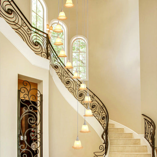 Modern Spiral Design 12-Light White Glass Flower Pendant Ceiling Lamp For Stair Hanging