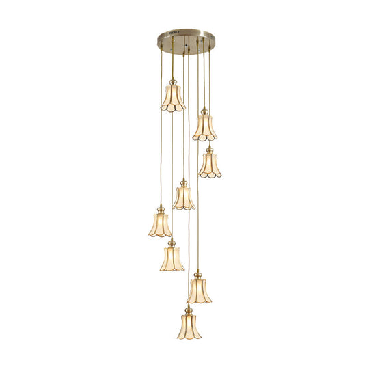 Minimalist Opal Frosted Glass 8-Light Gold Flower Stair Pendant Lamp