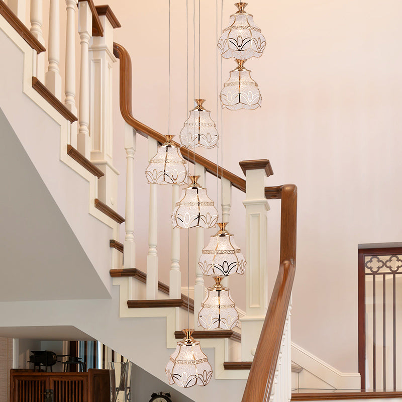 Contemporary 8-Light Stair Multi Lamp Pendant With White Glass Spiral And Flower Shade