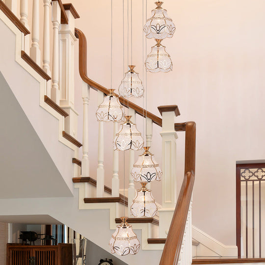 Contemporary 8-Light Stair Multi Lamp Pendant With White Glass Spiral And Flower Shade