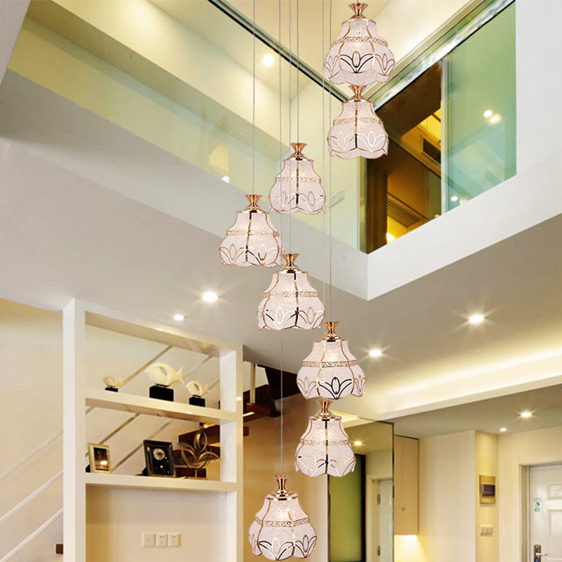 Contemporary 8-Light Stair Multi Lamp Pendant With White Glass Spiral And Flower Shade