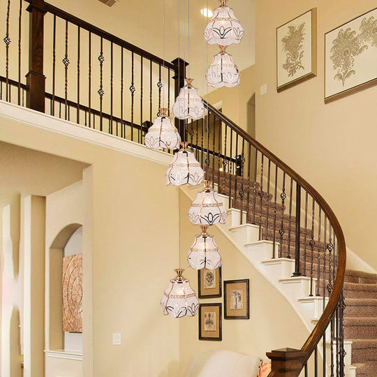 Contemporary 8-Light Spiral Hanging Stair Pendant - White Glass with Flower Shade