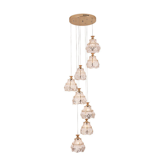 Contemporary 8-Light Stair Multi Lamp Pendant With White Glass Spiral And Flower Shade