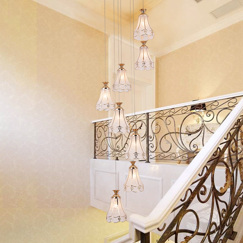 Modern Gold Floral Suspension Light With Textured Glass 8-Bulb Ceiling Lamp For Stairs