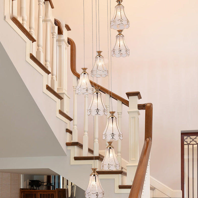 Modern Gold Floral Suspension Light With Textured Glass 8-Bulb Ceiling Lamp For Stairs