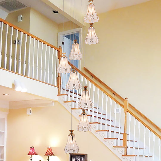 Modern Gold Floral Suspension Light With Textured Glass 8-Bulb Ceiling Lamp For Stairs