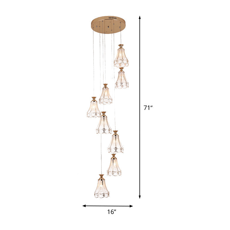 Modern Gold Floral Glass Suspension Light - 8 Bulb Stair Multi Ceiling Lamp