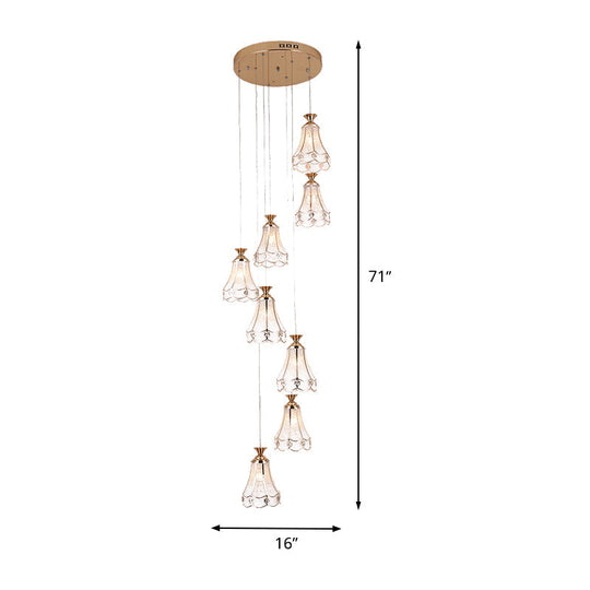 Modern Gold Floral Glass Suspension Light - 8 Bulb Stair Multi Ceiling Lamp