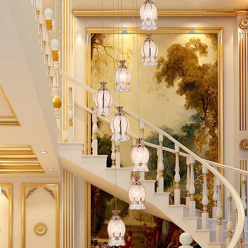 Modern 8-Light Flower Hanging Pendant Lamp With Brass Textured Glass Cluster