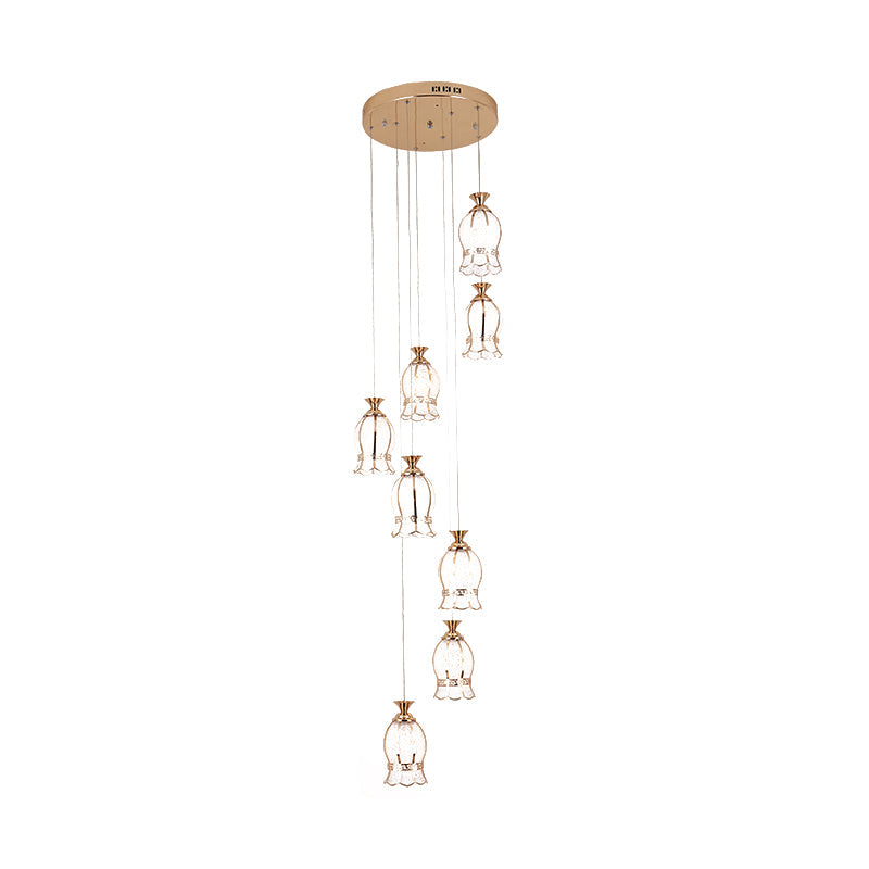 Modern 8-Light Flower Hanging Pendant Lamp With Brass Textured Glass Cluster