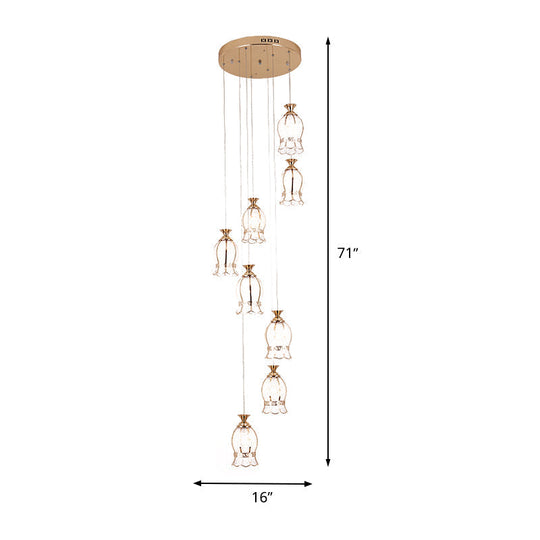 Modern 8-Light Flower Hanging Pendant Lamp With Brass Textured Glass Cluster