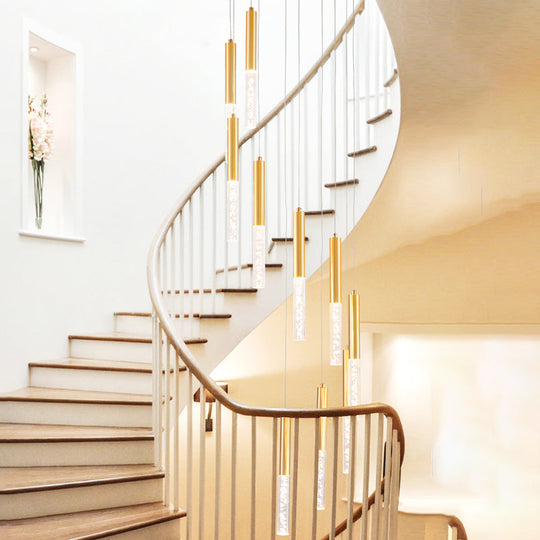 Lustre suspendu contemporain en tube mince doré - Lustre d'escalier à 10 lumières en acrylique