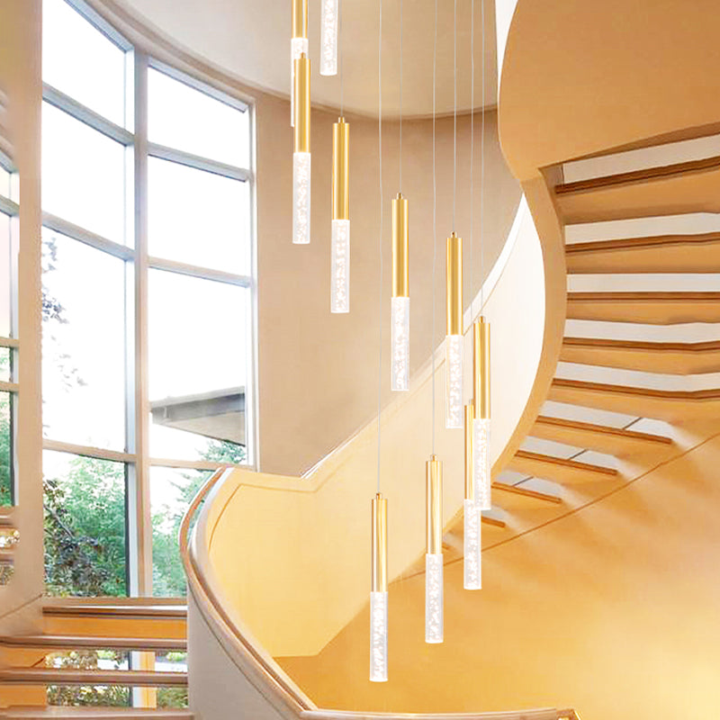 Lustre suspendu contemporain en tube mince doré - Lustre d'escalier à 10 lumières en acrylique